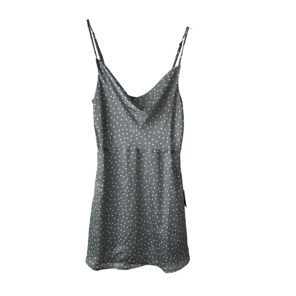 Lulus Spot in My Heart Sage Grey Polka Dot Satin Cowl Neck Mini Dress small NWT‎ - Picture 6 of 16